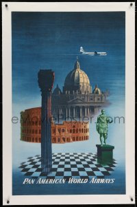 2j195 PAN AMERICAN WORLD AIRWAYS ROME linen 25x40 travel poster 1951 art of Roman sights & Clipper!