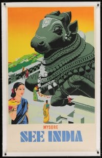 2j189 SEE INDIA MYSORE linen 25x41 Indian travel poster 1950s art of 17th century statue of Nandi!