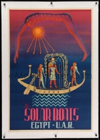 2j181 SOLAR BOATS linen 27x39 Egyptian travel poster 1961 art of deity on boat powered by the sun!