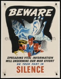 2j206 BEWARE DO YOUR PART IN SILENCE linen English 19x25 Canadian WWII war poster 1940s Hitler art!