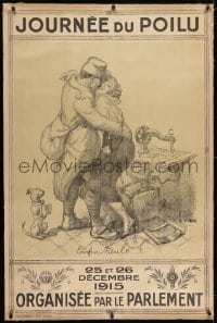 2j198 JOURNEE DU POILU linen 32x47 French WWI war poster 1915 Willette art of lovers reunited!