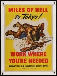 2j218 MILES OF HELL TO TOKYO linen 19x26 WWII war poster 1945 Sewell art of fallen soldier!