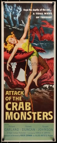 2k156 ATTACK OF THE CRAB MONSTERS insert 1957 Roger Corman, art of sexy girl grabbed by beast!