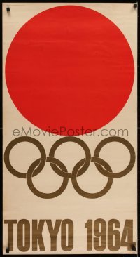 2k117 1964 SUMMER OLYMPICS 22x40 Japanese poster 1964 Kamekura art of red sun & gold rings, rare!