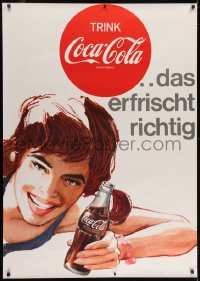 2k040 COCA-COLA 36x51 Swiss advertising poster 1959 art of happy woman holding iconic Coke bottle!