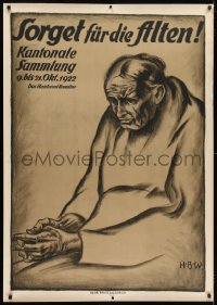2k036 SORGET FUR DIE ALTEN 36x50 Swiss charity benefit poster 1922 H.B.W. art of sad elderly woman!