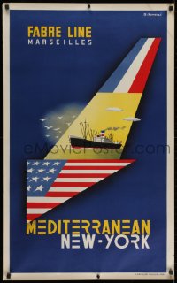 2k064 FABRE LINE 25x40 French travel poster 1950s Tonelli art of French ship going to New York!