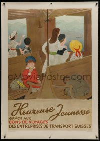 2k061 HEUREUSE JEUNESSE 36x50 Swiss travel poster 1944 kids on railroad train through countryside!