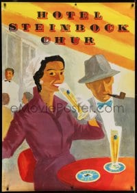 2k062 HOTEL STEINBOCK CHUR 36x51 Swiss travel poster 1958 Hausamann art of man & woman enjoying beer
