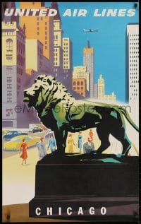 2k069 UNITED AIR LINES CHICAGO 25x40 travel poster 1950s Joseph Binder art of Art Institute lion!