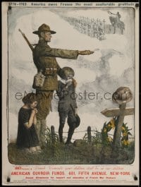 2k071 AMERICAN OUVROIR FUNDS 24x32 French WWI war poster 1918 Jonas art of soldier & kids by grave!