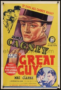 2m180 GREAT GUY Aust 1sh 1939 different stone litho of James Cagney, it tops all his roles, rare!