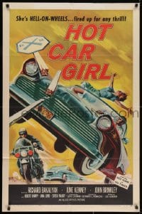 2m211 HOT CAR GIRL 1sh 1958 she's Hell-on-wheels, fired up for any thrill, classic car racing art!