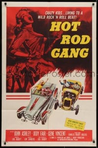 2m212 HOT ROD GANG 1sh 1958 fast cars, crazy kids, great art of teens in dragsters & dancing girl!