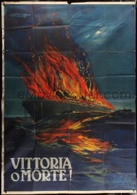 2m147 VICTORY OR DEATH Italian 2p 1913 wonderful Pier Luigi Caldanzano art of burning ship, rare!