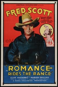 2m226 ROMANCE RIDES THE RANGE 1sh 1936 great c/u of singing cowboy Fred Scott pointing two guns!