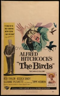 2m124 BIRDS WC 1963 director Alfred Hitchcock shown, Tippi Hedren, classic intense attack artwork!
