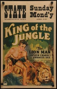 2m131 KING OF THE JUNGLE WC 1933 great art of Buster Crabbe in loin cloth by lion, ultra rare!