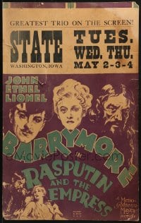2m133 RASPUTIN & THE EMPRESS WC 1932 art of John, Ethel & Lionel Barrymore in their only movie!