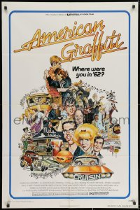 2p038 AMERICAN GRAFFITI 1sh 1973 George Lucas teen classic, Mort Drucker montage art of cast!