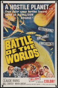 2p071 BATTLE OF THE WORLDS 1sh 1963 cool sci-fi, flying saucers from a hostile enemy planet!