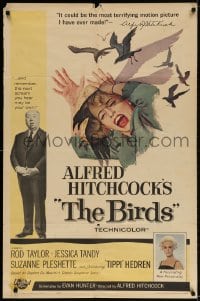 2p091 BIRDS 1sh 1963 director Alfred Hitchcock shown, Tippi Hedren, classic intense attack artwork!