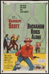 2p130 BUCHANAN RIDES ALONE 1sh 1958 big man Randolph Scott has a big gun, directed by Budd Boetticher