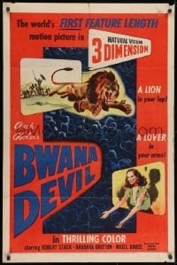 2p135 BWANA DEVIL 3D 1sh 1953 art of a lion & Barbara Britton reaching off the screen!