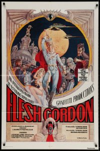 2p296 FLESH GORDON 1sh 1974 sexy sci-fi spoof, wacky erotic super hero art by George Barr!