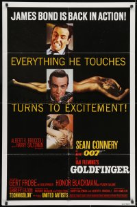 2p349 GOLDFINGER 1sh R1980 three images of Sean Connery as James Bond 007, he's back in action!