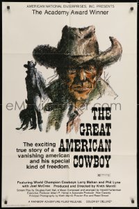 2p359 GREAT AMERICAN COWBOY 1sh 1974 Larry Mahan, cool Ralph Butler cowboy art!
