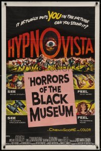 2p429 HORRORS OF THE BLACK MUSEUM 1sh 1959 an amazing new dimension in screen thrills, Hypno-Vista!