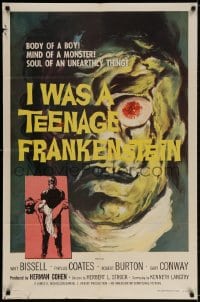 2p447 I WAS A TEENAGE FRANKENSTEIN 1sh 1957 wonderful close up art of monster + holding sexy girl!