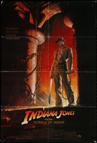 2p458 INDIANA JONES & THE TEMPLE OF DOOM 1sh 1984 art of Harrison Ford by Bruce Wolfe, no borders!