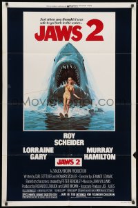 2p481 JAWS 2 1sh 1978 great classic art of giant shark attacking girl on water skis by Lou Feck!