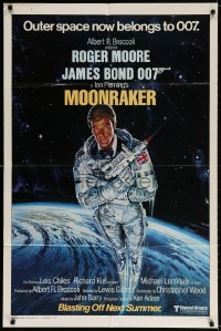 2p605 MOONRAKER style A advance 1sh 1979 art of Roger Moore as Bond blasting off in space by Goozee!