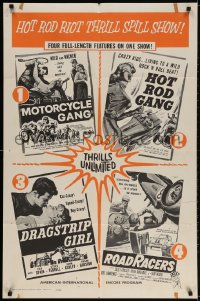 2p611 MOTORCYCLE GANG/HOT ROD GANG/DRAGSTRIP GIRL 1sh 1961 teen thrill quad feature!