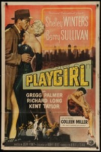 2p680 PLAYGIRL 1sh 1954 Barry Sullivan, there's a price tag on sexy Shelley Winters' kisses!