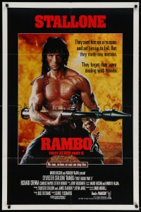2p712 RAMBO FIRST BLOOD PART II int'l 1sh 1985 Sylvester Stallone holding scoped Russian-made RPG-7!