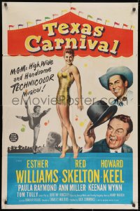 2p886 TEXAS CARNIVAL 1sh 1951 Red Skelton, art of sexy Esther Williams wearing swimsuit!
