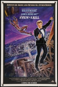 2p944 VIEW TO A KILL advance 1sh 1985 art of Roger Moore & Jones by Goozee over purple background!