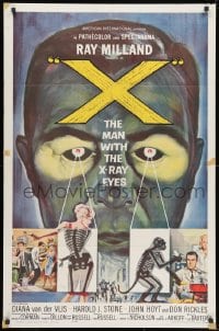 2p988 X: THE MAN WITH THE X-RAY EYES 1sh 1963 Ray Milland strips souls & bodies, cool sci-fi art!