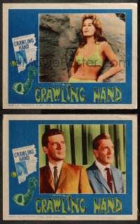 2r869 CRAWLING HAND 2 LCs 1963 wacky horror sci-fi, Arline Judge, Peter Breck, cool border art!