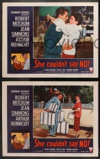 2r312 SHE COULDN'T SAY NO 8 LCs 1954 sexy short-haired Jean Simmons, Dr. Robert Mitchum!
