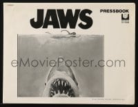2s703 JAWS pressbook 1975 art of Steven Spielberg's classic man-eating shark attacking sexy swimmer!