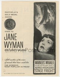 2s391 JANE WYMAN trade ad 1950 Photoplay's Gold Medal Award for Johnny Belinda, now Stage Fright!