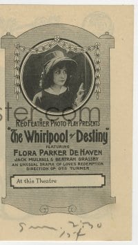 2s310 WHIRLPOOL OF DESTINY herald 1916 Flora Parker DeHaven, an unusual drama of love's redemption!