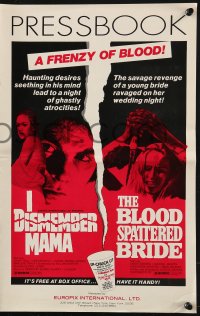 2s697 I DISMEMBER MAMA/BLOOD SPATTERED BRIDE pressbook 1974 wacky promotional up-chuck cup!