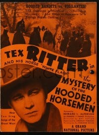 2s736 MYSTERY OF THE HOODED HORSEMEN pressbook 1937 c/u of Tex Ritter standing by his horse White Flash!
