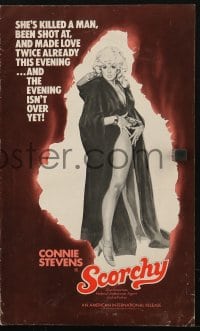 2s768 SCORCHY pressbook 1976 full-length art of sexiest barely-dressed Connie Stevens in cape!